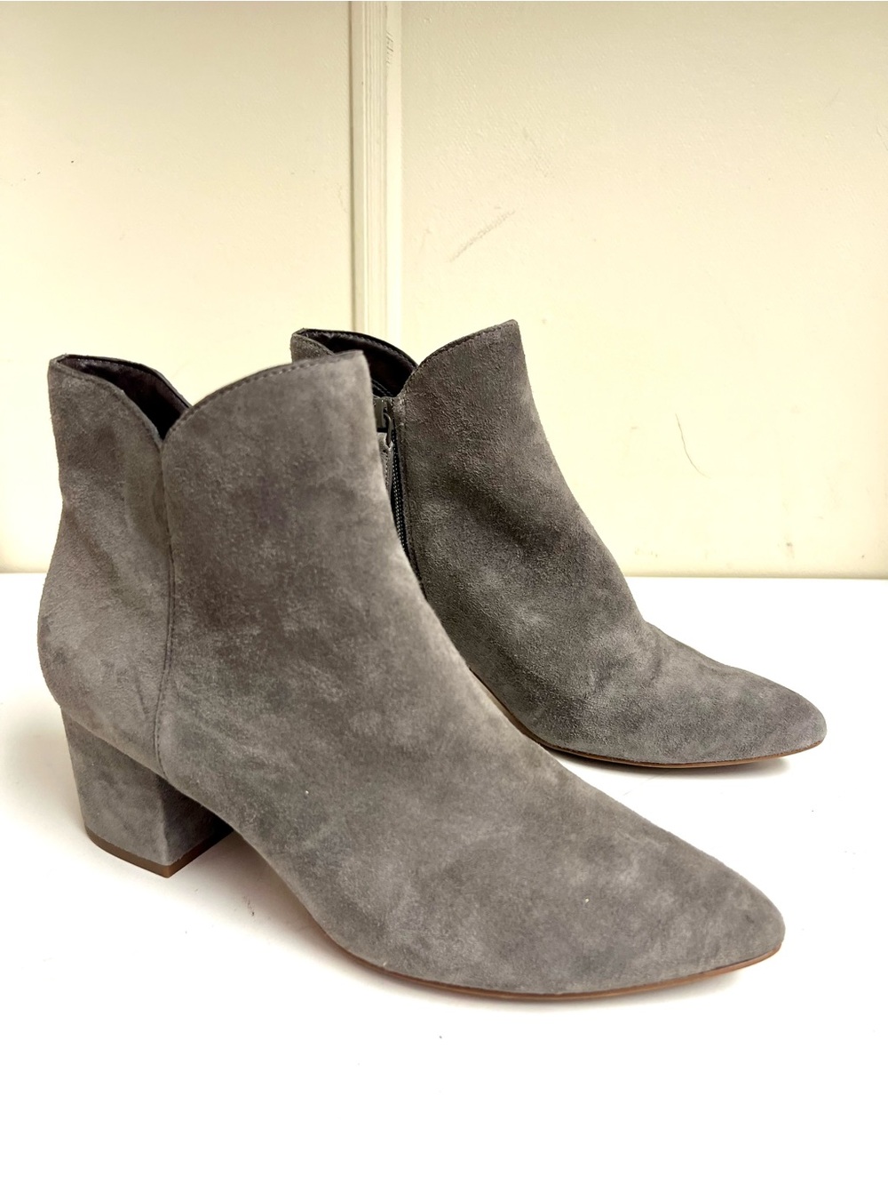 Cole Haan 8B Elyse ankle bootie gray suede pointed block heels comfy minimalist